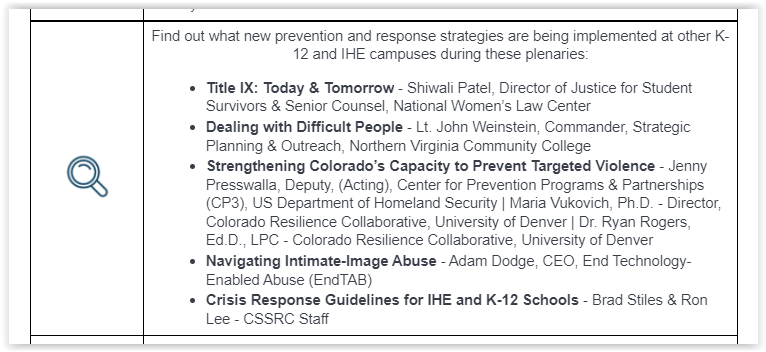 CoSSRC's tweet photo. Don't miss the 2022 IHE presentation on these amazing new prevention and response strategies that are being implemented at other K-12 and IHE campuses

📆Thu. 6/2/2022

Learn more &amp; register: https://t.co/fFHf6Llj7l
@CoHigherEd @CampusSafetyMag @UofDenver @CDVdenver @adamrdodge https://t.co/cSIvltNTfg