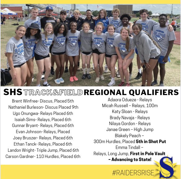SunnyvaleISD's tweet photo. 🏆🥇Congrats to our SHS Regional Track and Field qualifiers! Emma Tindall is advancing to state in Pole Vault! #RaidersRise https://t.co/HMmZC2X31Y