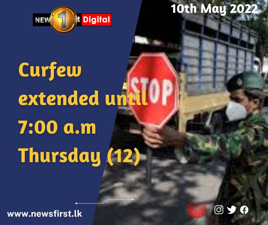NewsfirstSL's tweet photo. BREAKING: Curfew extended until 7 AM on Thursday (12) - PMD

Details: https://t.co/7vvDXz6UBa 

#lka #SriLanka #SLnews #News #News1st #Curfew #Extended #CurfewExtended https://t.co/om8hrPhtO2