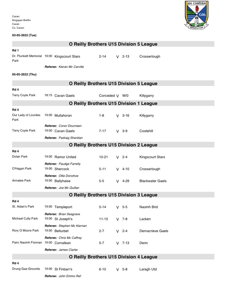 CavanCoBoardGaa's tweet photo. Results from the last round of fixtures in the O’Reilly Brothers U15 League along with league tables! 

Where does your team stand?

Check it out below ⬇️ 

#YouthBoard

(1/2) https://t.co/1lj6zEdBx0