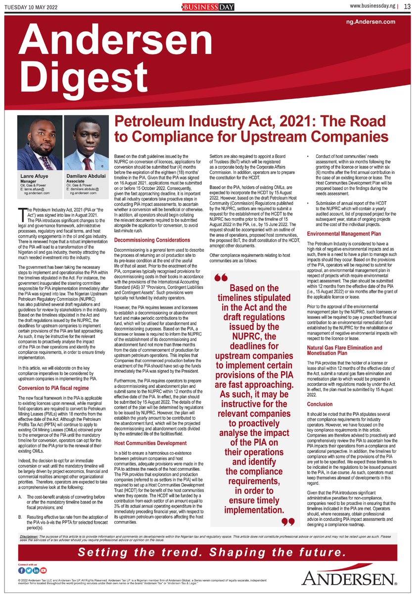 We are pleased to share our latest article ‘Petroleum Industry Act, 2021: The Road to Compliance for Upstream Companies’ by Olanrewaju Afuye,  Manager and Damilare Abdulai, Associate, Oil, Gas &amp; Power Group.

ng.andersen.com/petroleum-indu…

#PetroleumIndustryAct  #oilandgas