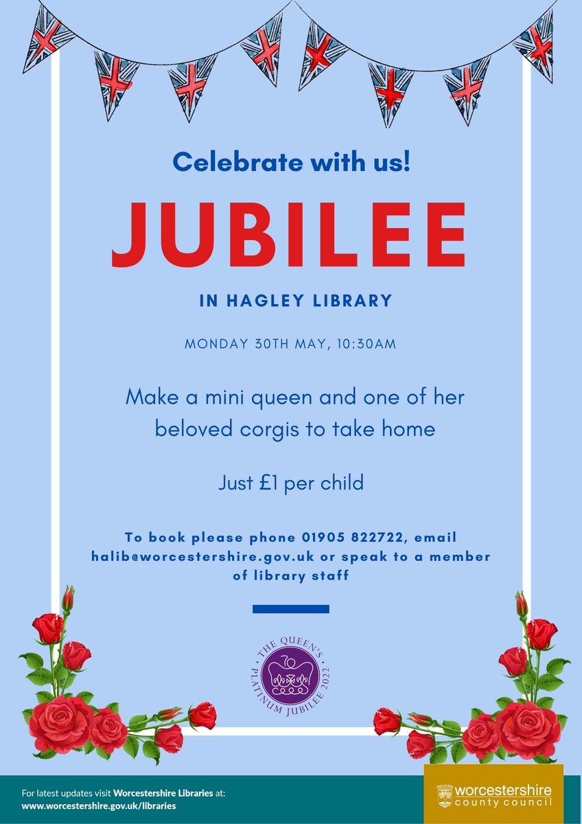 Jubilee events part 1! 
Monday 30th May 10:30am-11.15am - For just £1 per child, make a mini queen and one of her beloved corgi pups to take home.  #Jubilee2022 #Hagley