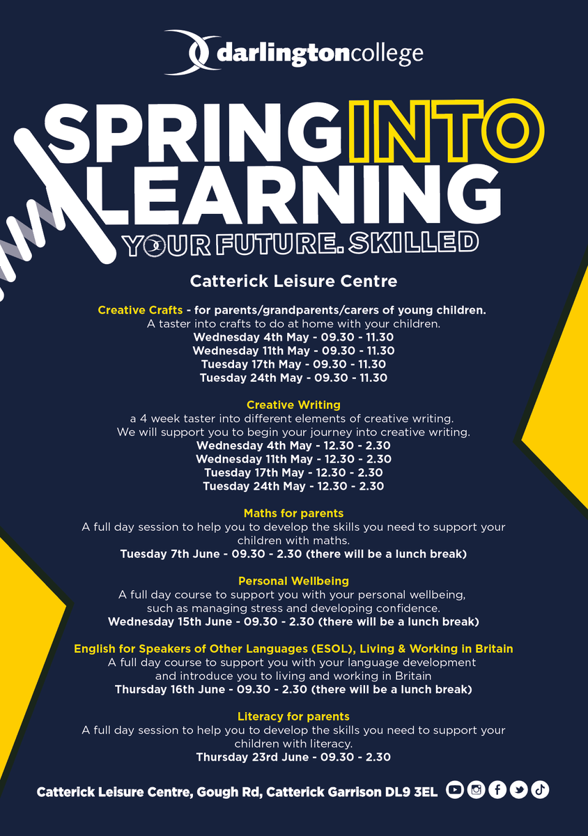 Darlington College (@darlingtonfe) on Twitter photo And we're back...
Following on from the success of our recent Adult Learning Open Event in North Yorkshire we are pleased to offer the following short courses, once again, at Catterick Leisure Centre.
To reserve your place email smontague@darlington.ac.uk And we're back...
Following on from the success of our recent Adult Learning Open Event in North Yorkshire we are pleased to offer the following short courses, once again, at Catterick Leisure Centre.
To reserve your place email smontague@darlington.ac.uk