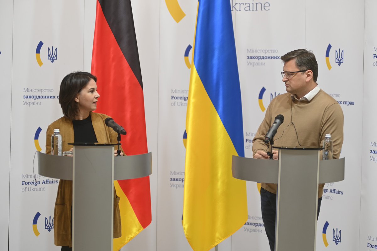 DmytroKuleba's tweet photo. Before our meeting in Kyiv, @ABaerbock visited Bucha where Russians committed horrific war crimes, including murder of civilians, rape, and looting. Russia continues its attacks and war crimes now. We value Germany’s support aimed at helping Ukraine stop Russia and its barbarism. https://t.co/N0TrqezkHm