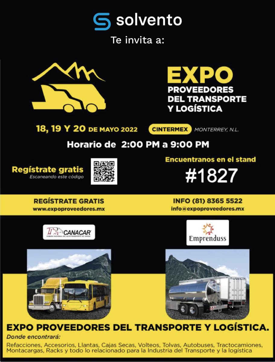 solvento_mx's tweet photo. Estamos emocionados de poder participar en la "Expo Proveedores del Transporte y Logística", que tendrá lugar en CINTERMEX, Monterrey del 18 al 20 de mayo.
Encuéntranos en el stand #1827
#Logística #Transporte #Solvento #solucionesdigitalessolvento #OperadorLogistico https://t.co/ooyaLrNk1l