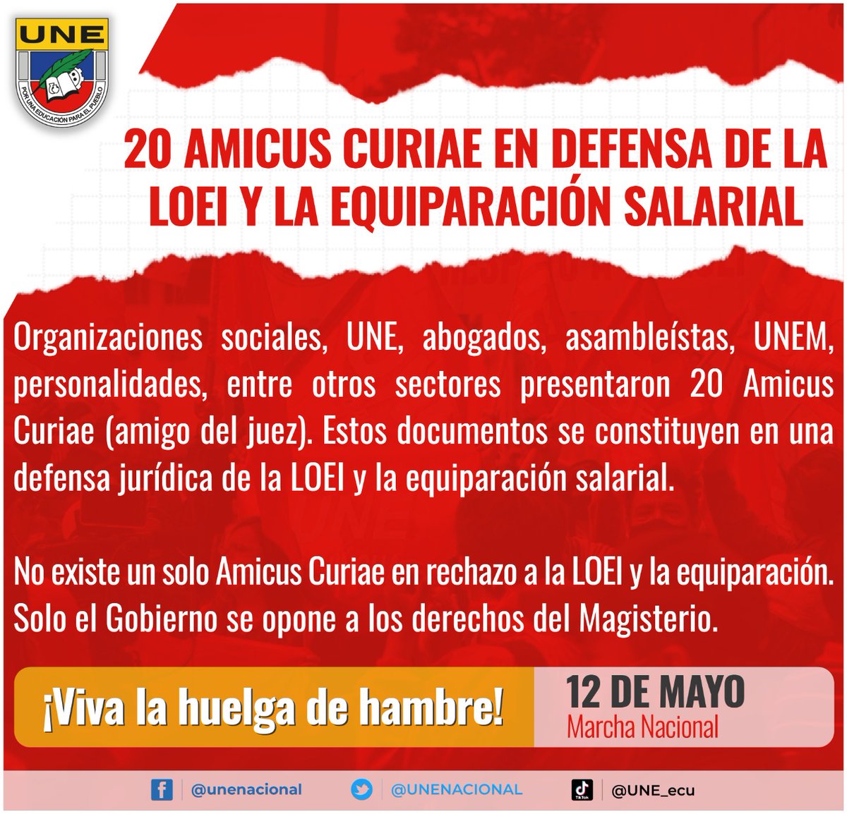 UNENACIONAL's tweet photo. Este lunes 9 de mayo culminó el plazo para presentar Amicus Curiae y el registro de terceros interesados en la audiencia del 12 mayo convocada por @CorteConstEcu.Existen 20 Amicus en defensa de la equiparación, mientras el Gobierno neoliberal se queda solo con sus argumentos. https://t.co/f55d4BvVug
