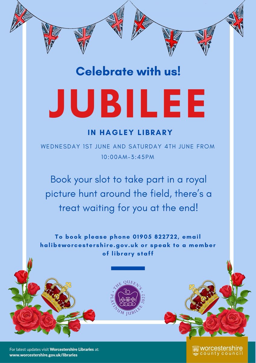 Jubilee events Part 2!
Wednesday 1st June and Saturday 4th June from 10am-3.45pm– Book your slot to take part in a royal picture hunt around the field, there’s a treat waiting for you at the end! #Jubilee2022 #Hagley