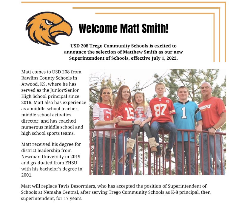 Welcome to the Golden Eagle Family!  Mr. Matt Smith USD 208 Superintendent.