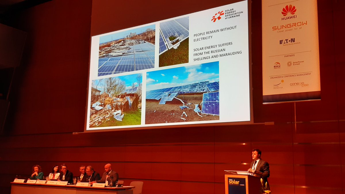 pmalbranche's tweet image. Artem Semenyshyn from the Solar energy association of Ukraine showing the impacts of the Russian attack on Ukraine in the solar sector, during the #intersolar2022 conference. #StandWithUkraine #SolarIsOurSolution