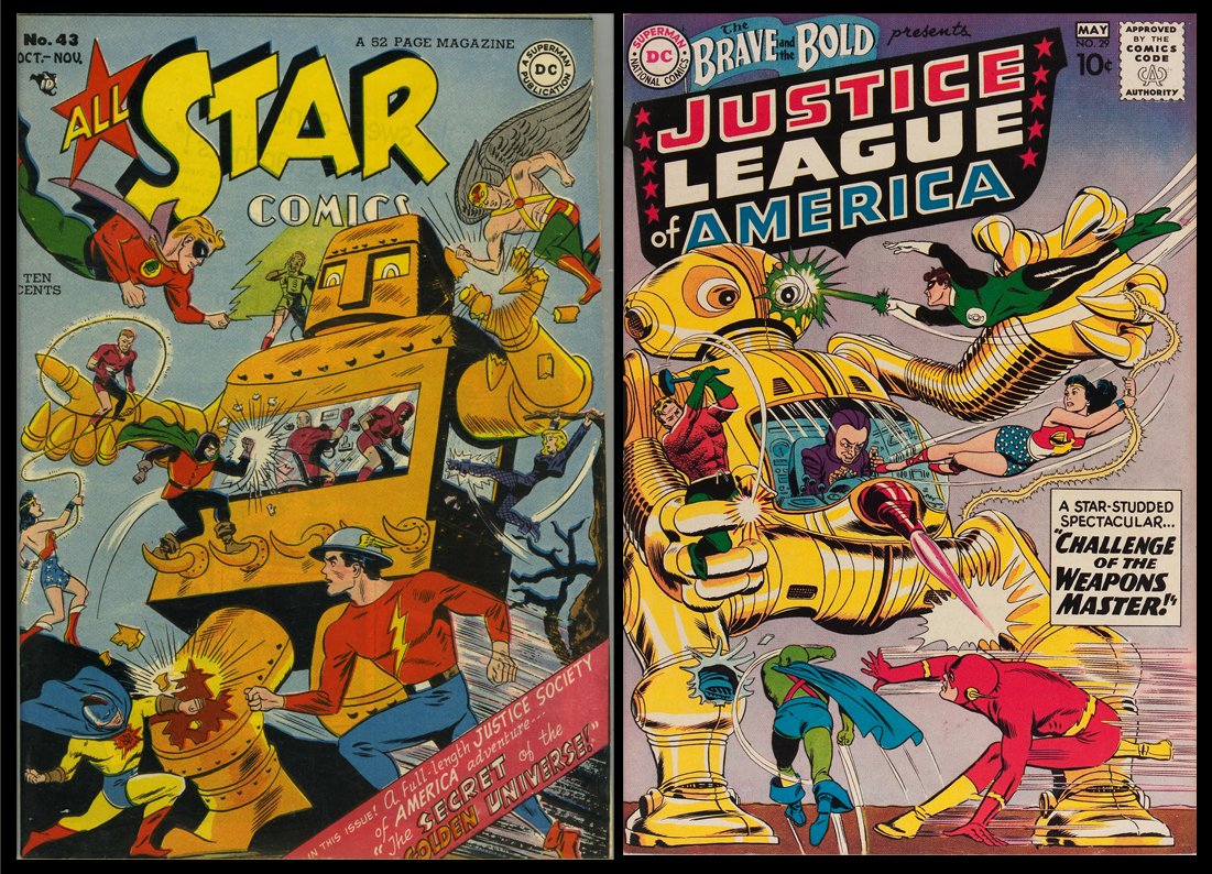Homage Cover. On the left, All Star Comics 43 from 1948. Cover by Irwin Hasen. On the right, Brave and the Bold 29, featuring the Justice League of America, from 1960. Cover by Mike Sekowsky and Murphy Anderson. Another case of emulating what came before.