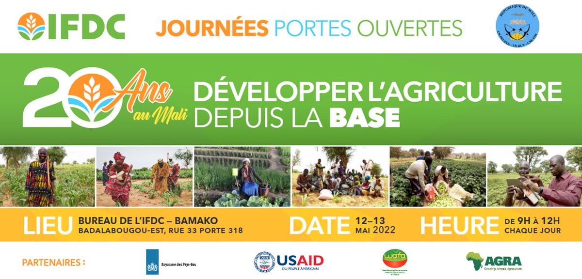 IFDCNWAF's tweet photo. J-2 #JPO IFDC #MALI. En 20 ans d'activité au Mali, IFDC a contribué à aider des millions de petits exploitants agricoles à devenir des entrepreneurs agricoles locaux et régionaux actifs.
👉Les Journées Portes Ouvertes de IFDC au 🇲🇱
🗓️12 et 13 Mai 2022
@IFDCnews @OumouMCamara1 https://t.co/ZN3F4tmS2q