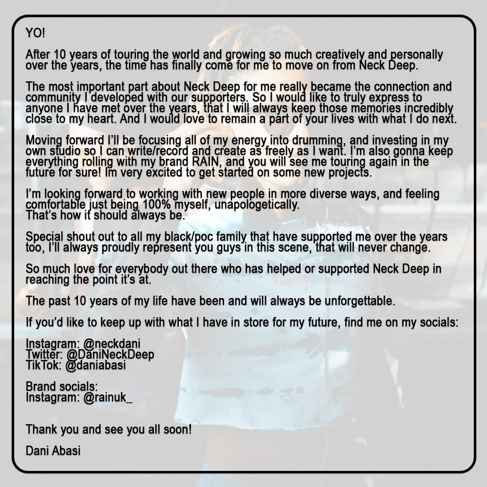 NeckDeepUK's tweet image. Goodbyes are never easy. We support Dani in his future endeavours and encourage you to do the same. Nothing but love and appreciation for the 10 years we spent in this. Thank you.