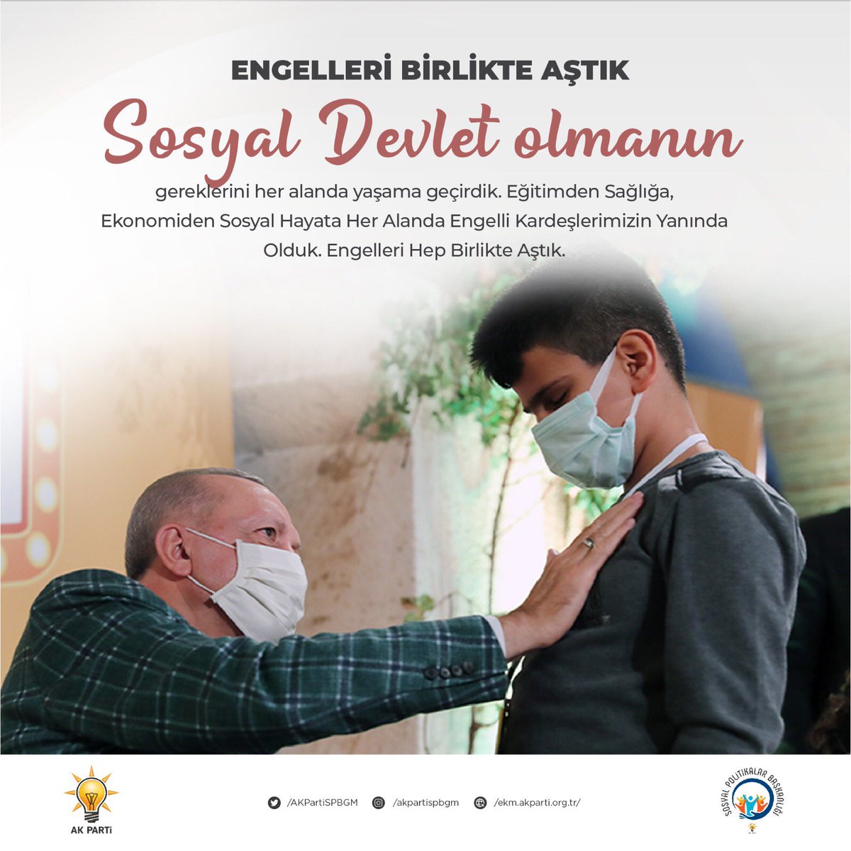 Sosyal devlet olmanın gereklerini her alanda yaşama geçirdik. Eğitimden sağlığa, ekonomiden sosyal hayata her alanda engelli kardeşlerimizin yanında olduk.

#EngelleriBirlikteAştık