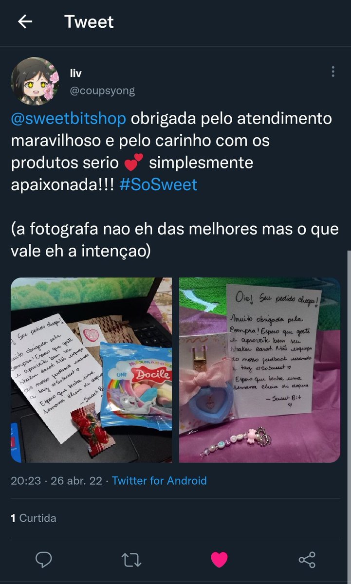 sweetbitshop's tweet photo. Feliz DEMAIS por esse feedback lindisimo!!! Obrigada pela compra e por todo apoio, xuxu 🥺😭🍬🫶🏼 https://t.co/wIO535EN1J