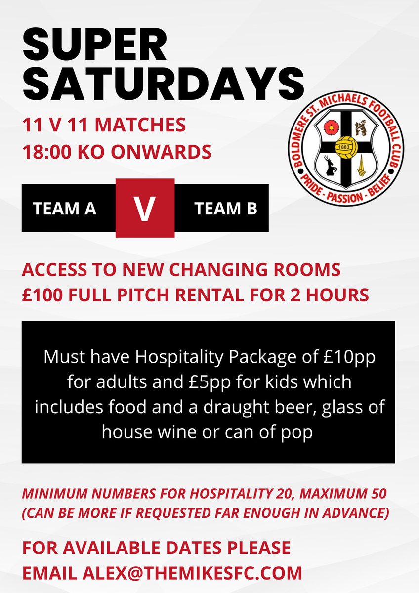 𝙎𝙪𝙥𝙚𝙧 𝙎𝙖𝙩𝙪𝙧𝙙𝙖𝙮𝙨 ⚽️

We’re excited to offer discounted pitch hire on Saturday nights! 

2 hours pitch rental for just £100, including access to our brand new changing rooms

Bookings must be made at least 2 weeks in advance. Email alex@themikesfc.com for availability