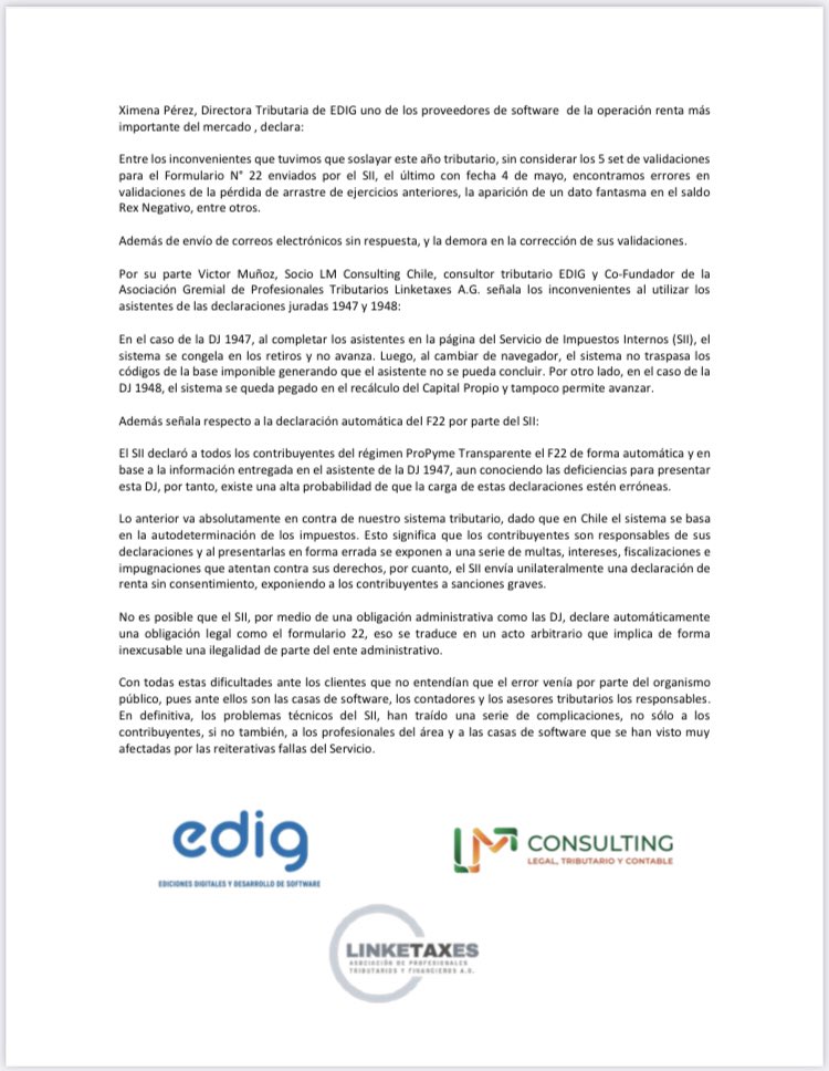 chilecont's tweet photo. Declaración de Edig con respecto a los problemas de la Operación Renta 2022 https://t.co/5OYLAoHxhP