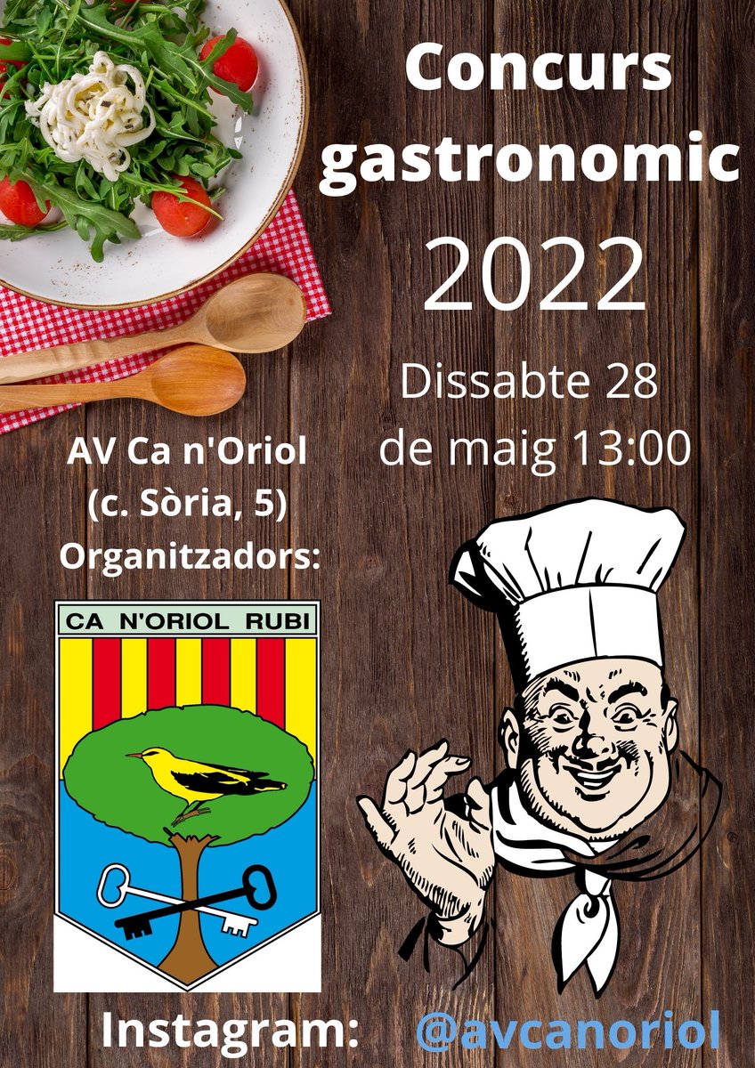 Si voleu participar en el concurs gastronòmic porteu el vostre millor plat. Hi hauran premis pels guanyadors!!!
 📅Dissabte 28 de maig
⏰13h
#festa #rubi #gastronomia #dissabte #notopotsperdre #concurs