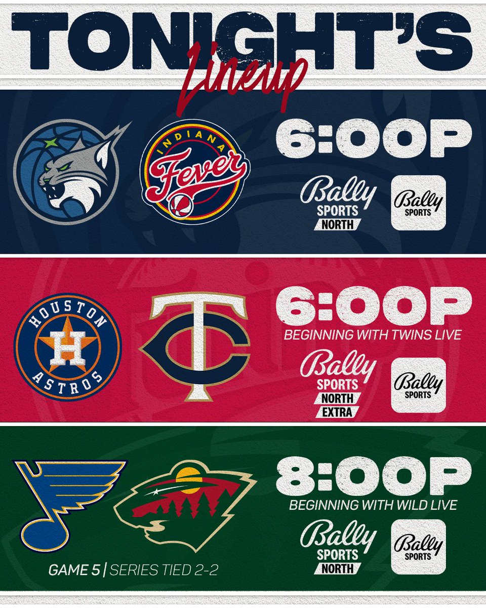 FanDuelSN_NOR's tweet photo. Tripleheader Tuesday! 

🏀 @minnesotalynx at Fever - 6p
⚾️ @Twins vs. Astros - 6p
🏒 @mnwild vs. Blues GM5 - 8p

Games streaming on the Bally Sports app + online at https://t.co/8blF6bMDaE https://t.co/htJYfWF9Rk
