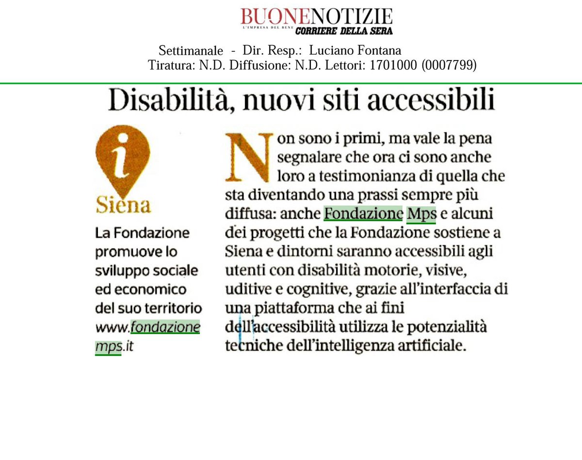 fondazionemps's tweet photo. #pressclipping 🗣👩‍🦽🔗Non saremo i primi, ma siamo orgogliosi di promuovere l'#accessibilità #digitale come forma di #inclusione.🙏Grazie @CorriereBN 
 per la segnalazione e per sostenere il cambiamento verso un web senza barriere! #IA #InsiemeConFMPS https://t.co/PQDNUuT4rw