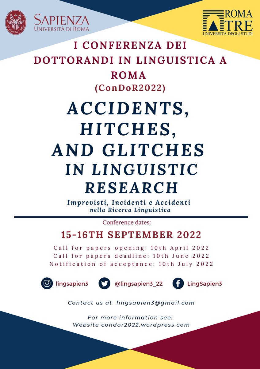 lingsapien3_22's tweet photo. #YoungResearchers are often puzzled when facing 'accidents, hitches, and glitches in #LinguisticResearch'. #ConDoR2022 will be an opportunity to review such accidents with your #peers, discussing solutions, ideas, methods, and more. Join us in #Rome! 
[More info in bio] https://t.co/ub9rwPzoZv