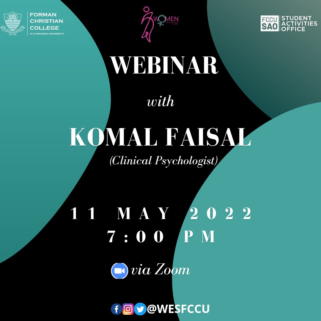 WESFCCU's tweet photo. WES will be holding a webinar with Komal Faisal, a clinical psychologist for Sexual Assault Awareness Month. Join us via Zoom on the 11th of May, 2022 at 7pm. 
FCCU has a zero tolerance policy against sexual harassment. Report your sexual harassment cases to Dr. Arfa Syeda Zahra. https://t.co/MTTGWdTDFq