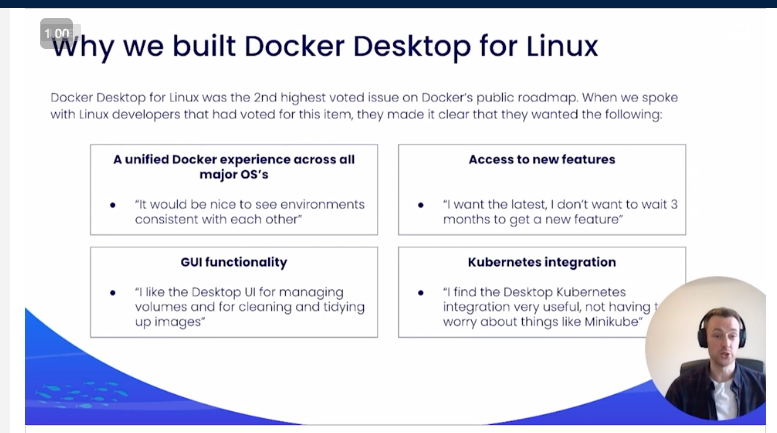 danielbryantuk's tweet photo. For all my Linux people, here's the launch of @Docker Desktop for Linux (DD4L) 🥳

Great overview from @cd_mclellan at #DockerCon https://t.co/prIt6jgwjw