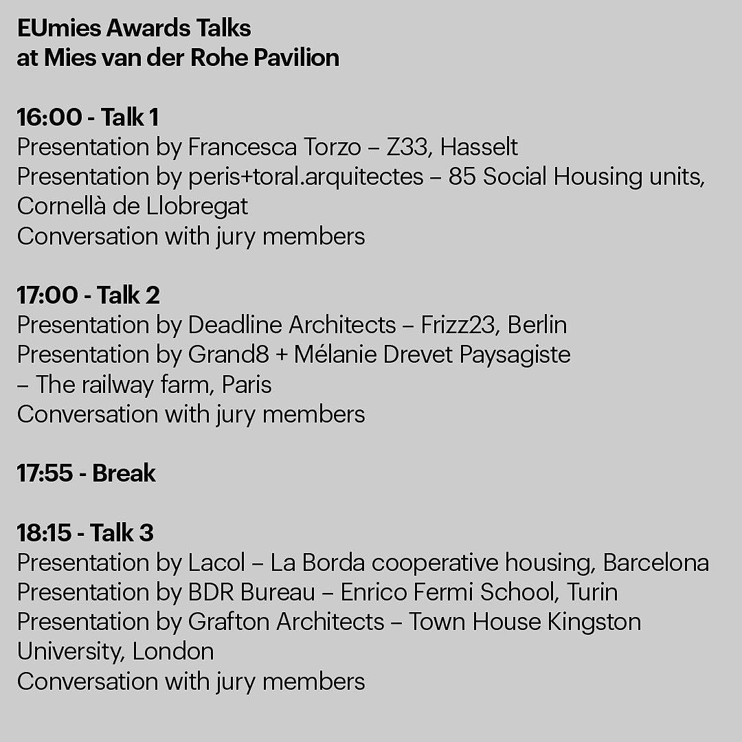 YTAAward's tweet photo. EUmies Awards Talks → will allow #Winners, #Finalists, #Shortlisted, clients, architecture media and people interested in discussing on the emerging topics highlighted by the #Jury.
📍Mies van der Rohe Pavilion https://t.co/LexkkEEPM8