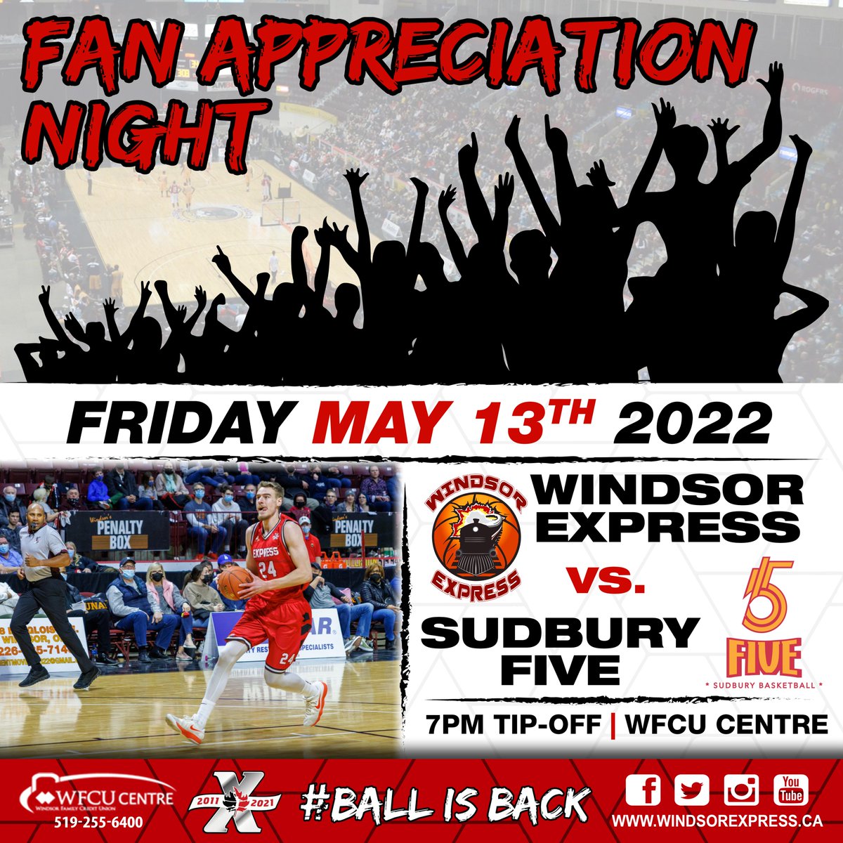 WindsorExpress's tweet photo. It's Fan Appreciation Night this Friday! 🏀🚂

Cheer on the Express for its last regular season game before the playoffs! It will be a night full of giveaways! You don't want to miss it! 🎉🎉

🔗 for tickets: https://t.co/KgQpgtLqYH

#WindsorExpress #BallisBack #NBLC #yqg https://t.co/BI4E7nd47n