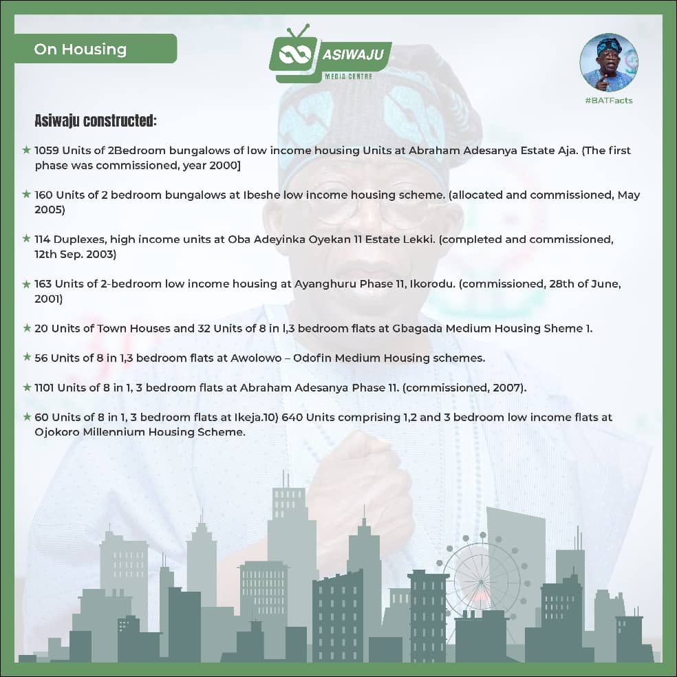 PBATMediaCentre's tweet photo. There are three necessities of life food, SHELTER, and clothing. During his administration as Lagos State Governor, Asiwaju Bola Tinubu ensured SHELTER was never a problem for both civil servants and residents. https://t.co/a65Fl0pbc2