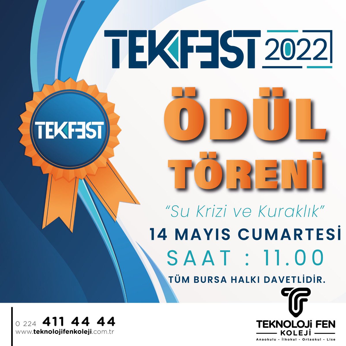 tekfenkolej's tweet photo. “Su Krizi ve Kuraklık” temalı TEKFEST Proje Yarışması Ödül Töreni için geri sayım başladı.
Yer: Teknoloji Fen Koleji
Tarih: 14 Mayıs Cumartesi
Saat: 11.00
TEKFEST Ödül Törenine tüm halkımız davetlidir.
#teknolojifenkoleji #Tekfest #tekfestyarışma #ödültöreni #kuraklık #sukrizi https://t.co/4YeKeOkDZE