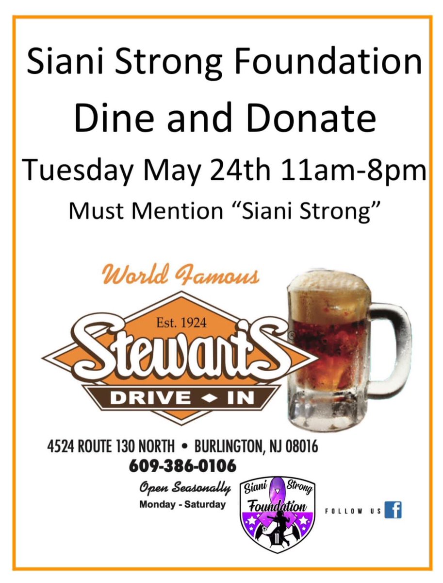 SianiStrong's tweet photo. Join us for a Dine to Donate event at Stewart’s. Bring the family out for a good time &amp; good food while supporting an amazing cause 💜 #SianiStrong. https://t.co/qFPiueYeil