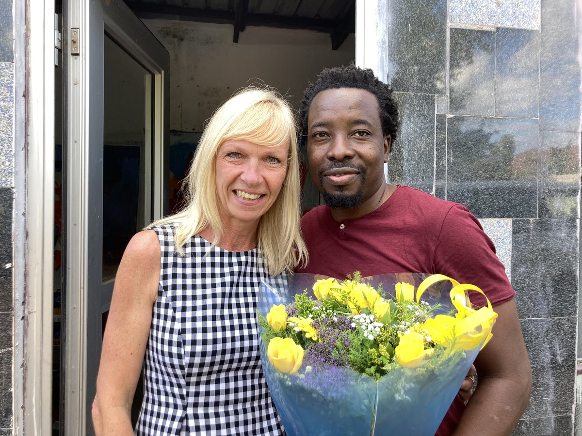 irisborsch's tweet photo. It was so delightful to pay @StaryMwaba a visit on his birthday and see more of his truly stunning and impressive #artwork! Ever since doing his #mural at our Embassy #GermanyinZambia he is part of us! https://t.co/2irA9eN0t0