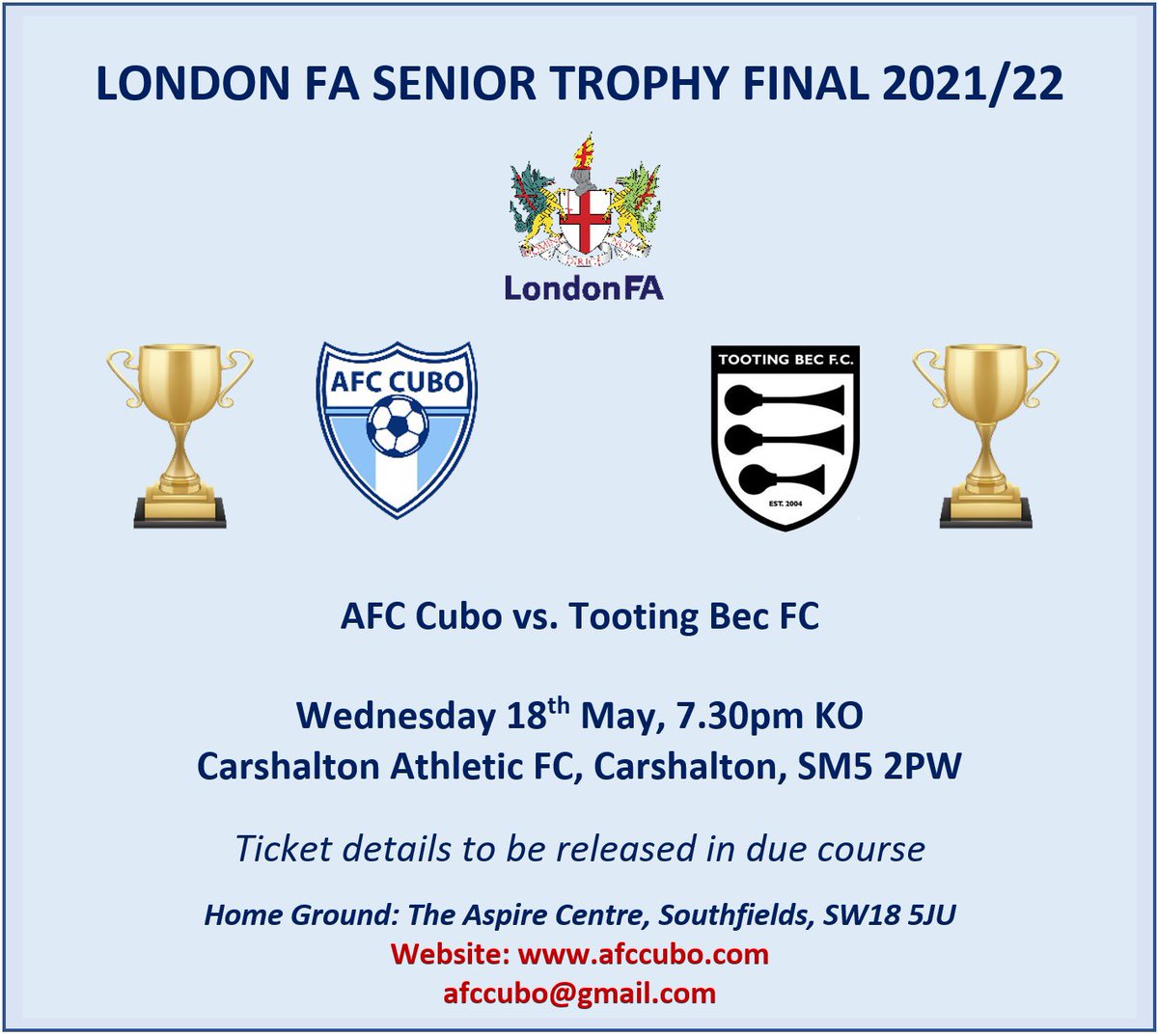 AFC Cubo (@afccubo) on Twitter photo Tickets are now available for our big local derby in the <a href="/LondonFA/">London Football</a> Senior Trophy Final next Wednesday.
seetickets.com/event/tooting-…
Your support for the baby blue army is much appreciated!
#babybluearmy Tickets are now available for our big local derby in the <a href="/LondonFA/">London Football</a> Senior Trophy Final next Wednesday.
seetickets.com/event/tooting-…
Your support for the baby blue army is much appreciated!
#babybluearmy
