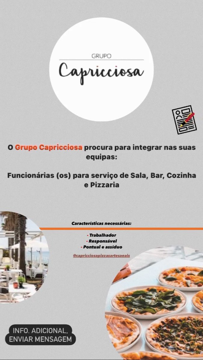 O Grupo Capricciosa procura para integrar nas suas equipas:

Funcionárias/os para serviço de Sala, Bar, Cozinha e Pizzaria

Interessado em fazer parte da equipa ? Enviar CV acompanhado de fotografia para tiago.carvalho@grupocpa.pt ou recrutamento@grupocpa.pt