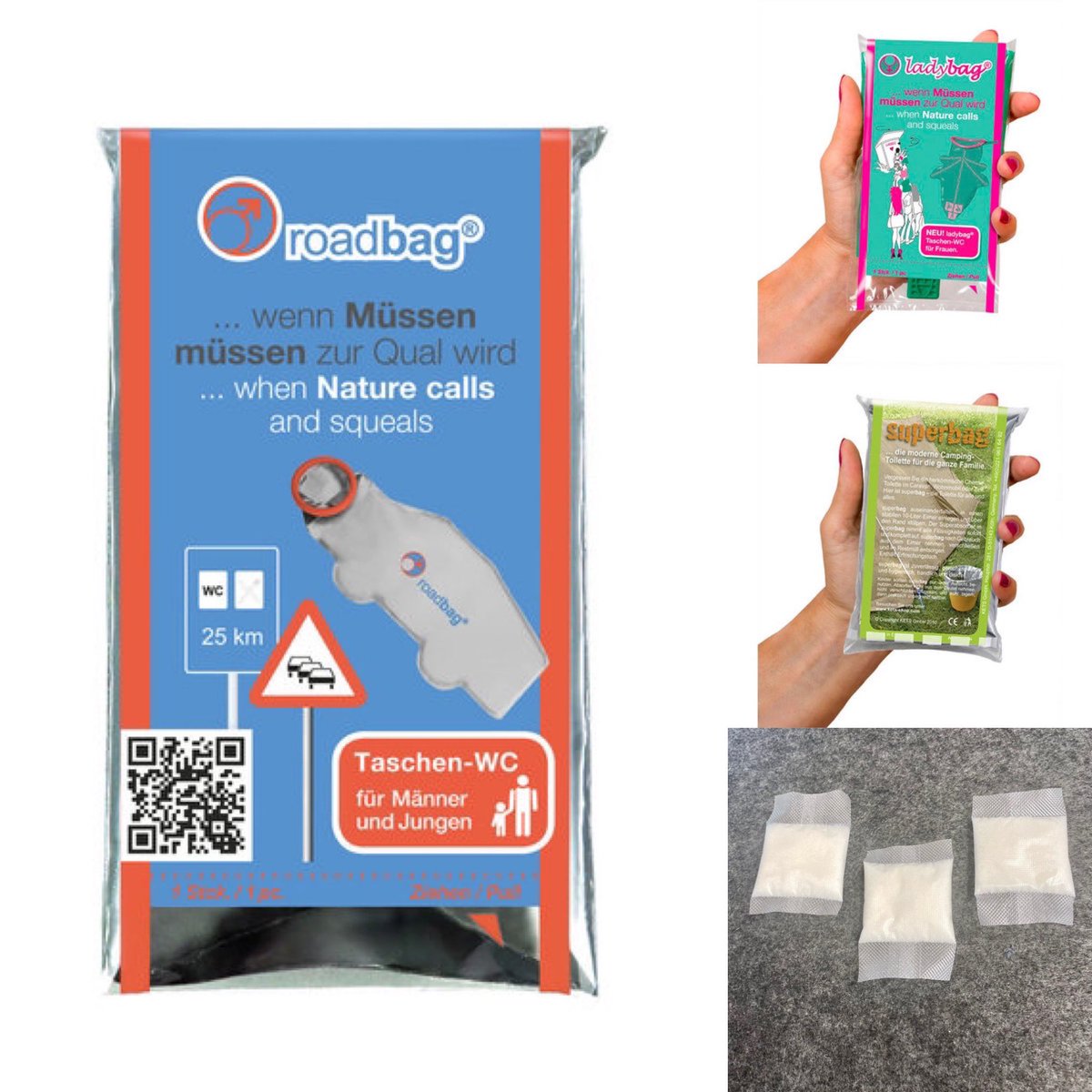 ecorehashop's tweet photo. für dringende Geschäfte, oder wenn es unterwegs Mobil nicht anders geht! Bieten wir mit unseren #roadbag dem Taschen WC und #ladybag für die Dame sowie #Superbag die #Campingtoilette an, unseren #Orthomed #Superabsorber bieten wir auch als 8 Gramm Ware einzeln mit der Saugfähigk https://t.co/oRFZJgPfUO