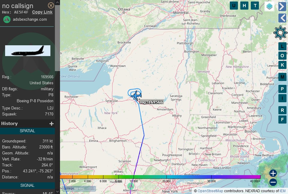 TheIntelFrog's tweet photo. Something a little out of the ordinary for a P-8.
This guy is orbiting central NY. Holding for one of the local airports perhaps?
#AE5F4F as 169566 https://t.co/Tw4C9vg8xv