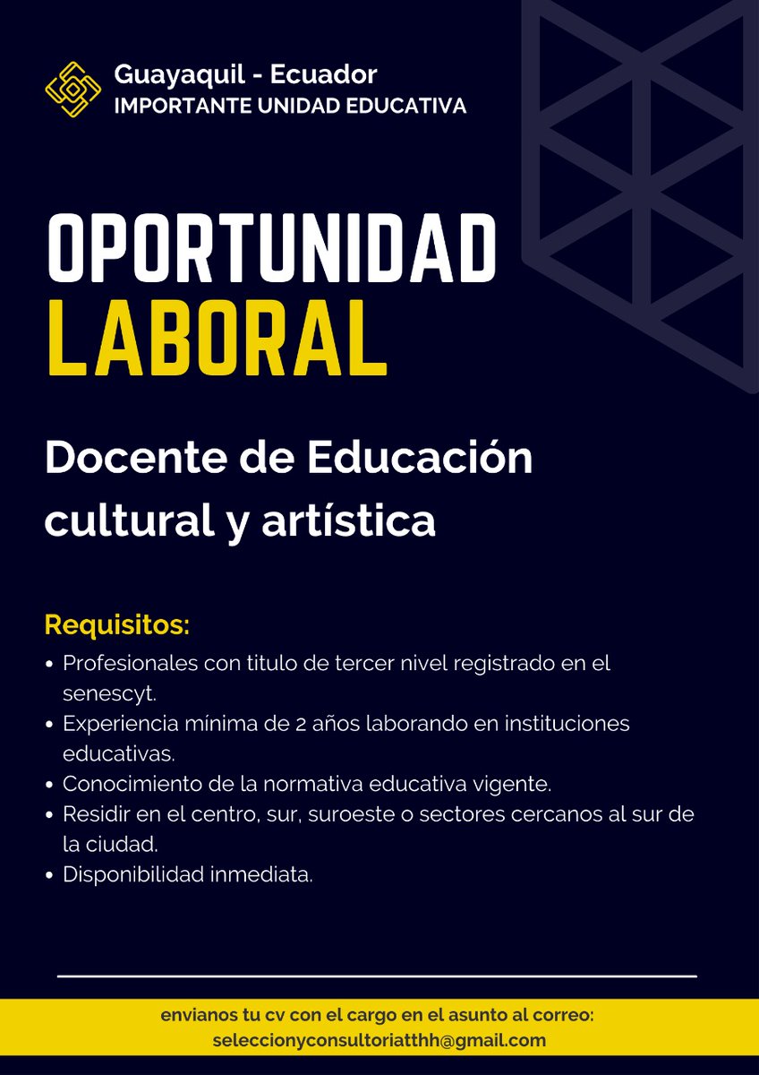 VarezConsulting's tweet photo. #AnuncioLaboral
#Docente #Educación #Cultural y #Artística #Guayaquil. https://t.co/JWD87Sjowu