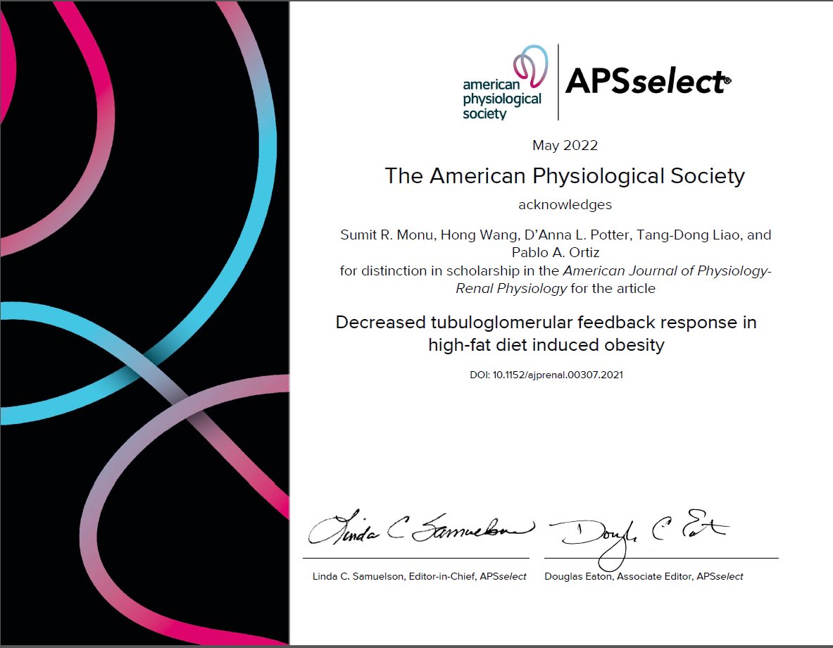 ✨CONGRATULATIONS!!! #AJPRenal May #APSselect article "Decreased #tubuloglomerular feedback response in high-fat diet-induced #obesity"
By: Sumit R. Monu, et al.
ow.ly/iRQo50J4921
#AJPRenal #Kidney <a href="/313Kidney/">POrtiz_313_Kidney</a> <a href="/HenryFordHealth/">Henry Ford Health</a>