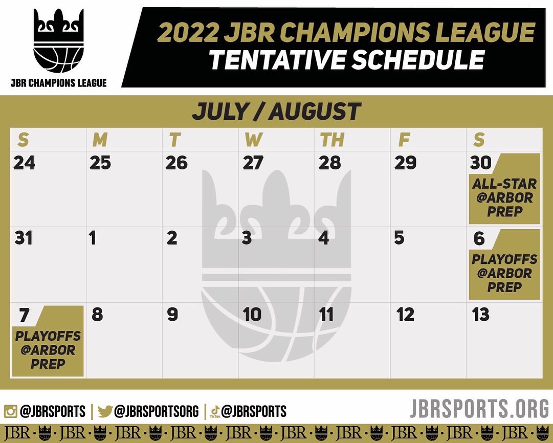 JBRSportsOrg's tweet photo. The tentative schedule for the 2022 JBR Champions League is here! All games will be played at Arbor Preparatory High School in Ypsi this year. We are excited to have you all there!!
β’
#jbr #jbrchampionsleague #arborprep #schedule #basketball https://t.co/VqCHb0W84R