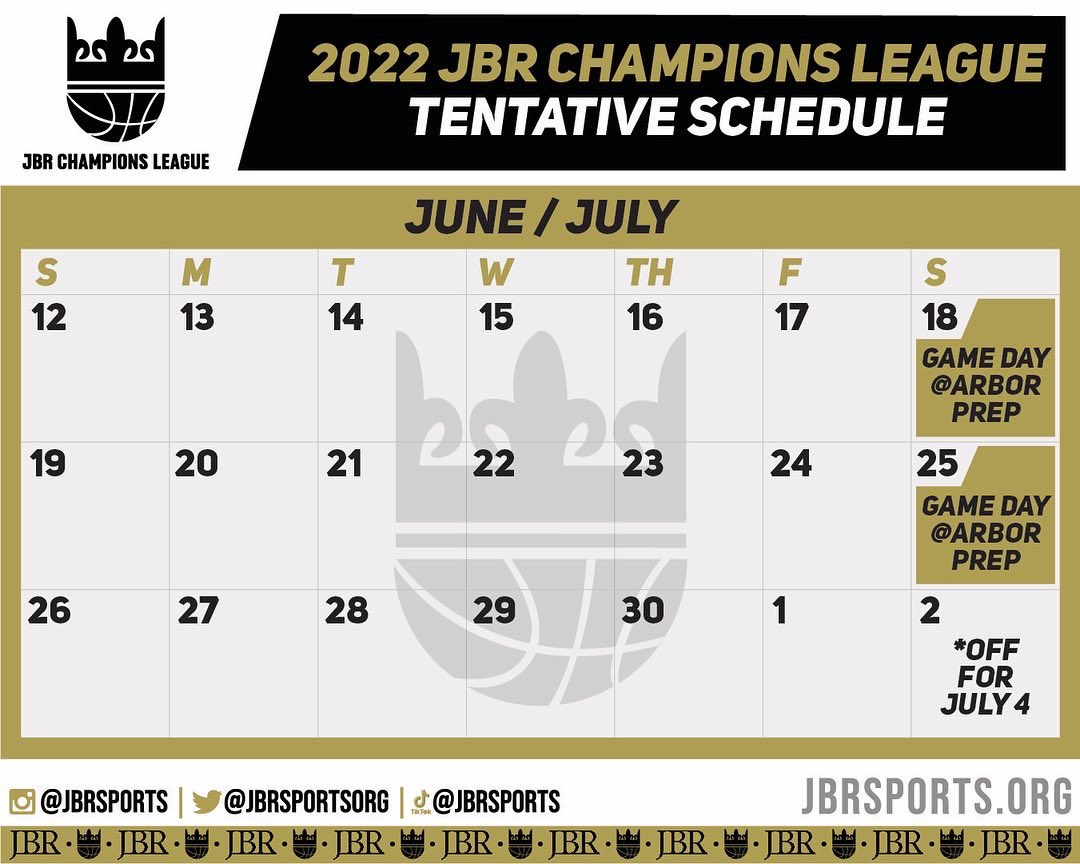 JBRSportsOrg's tweet photo. The tentative schedule for the 2022 JBR Champions League is here! All games will be played at Arbor Preparatory High School in Ypsi this year. We are excited to have you all there!!
β’
#jbr #jbrchampionsleague #arborprep #schedule #basketball https://t.co/VqCHb0W84R