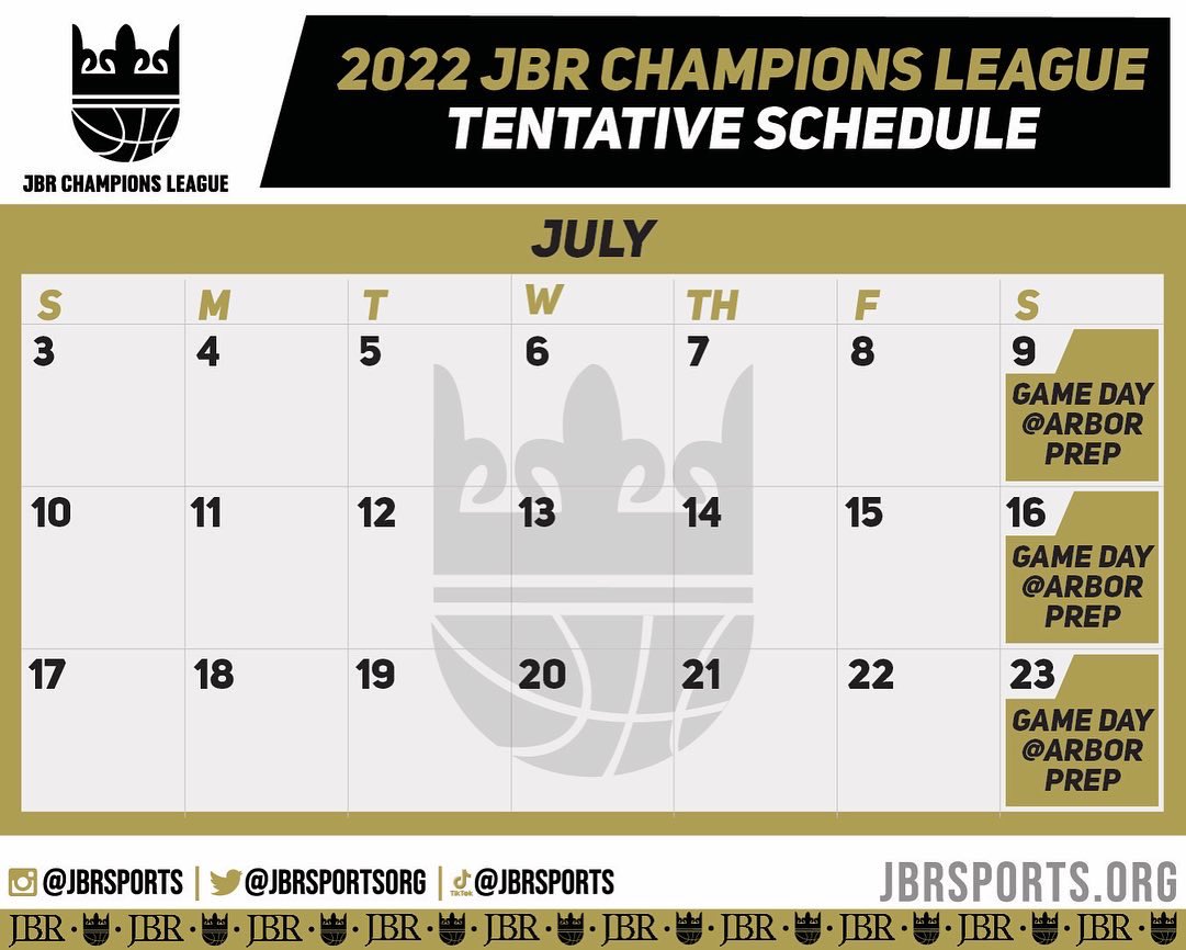 JBRSportsOrg's tweet photo. The tentative schedule for the 2022 JBR Champions League is here! All games will be played at Arbor Preparatory High School in Ypsi this year. We are excited to have you all there!!
β’
#jbr #jbrchampionsleague #arborprep #schedule #basketball https://t.co/VqCHb0W84R