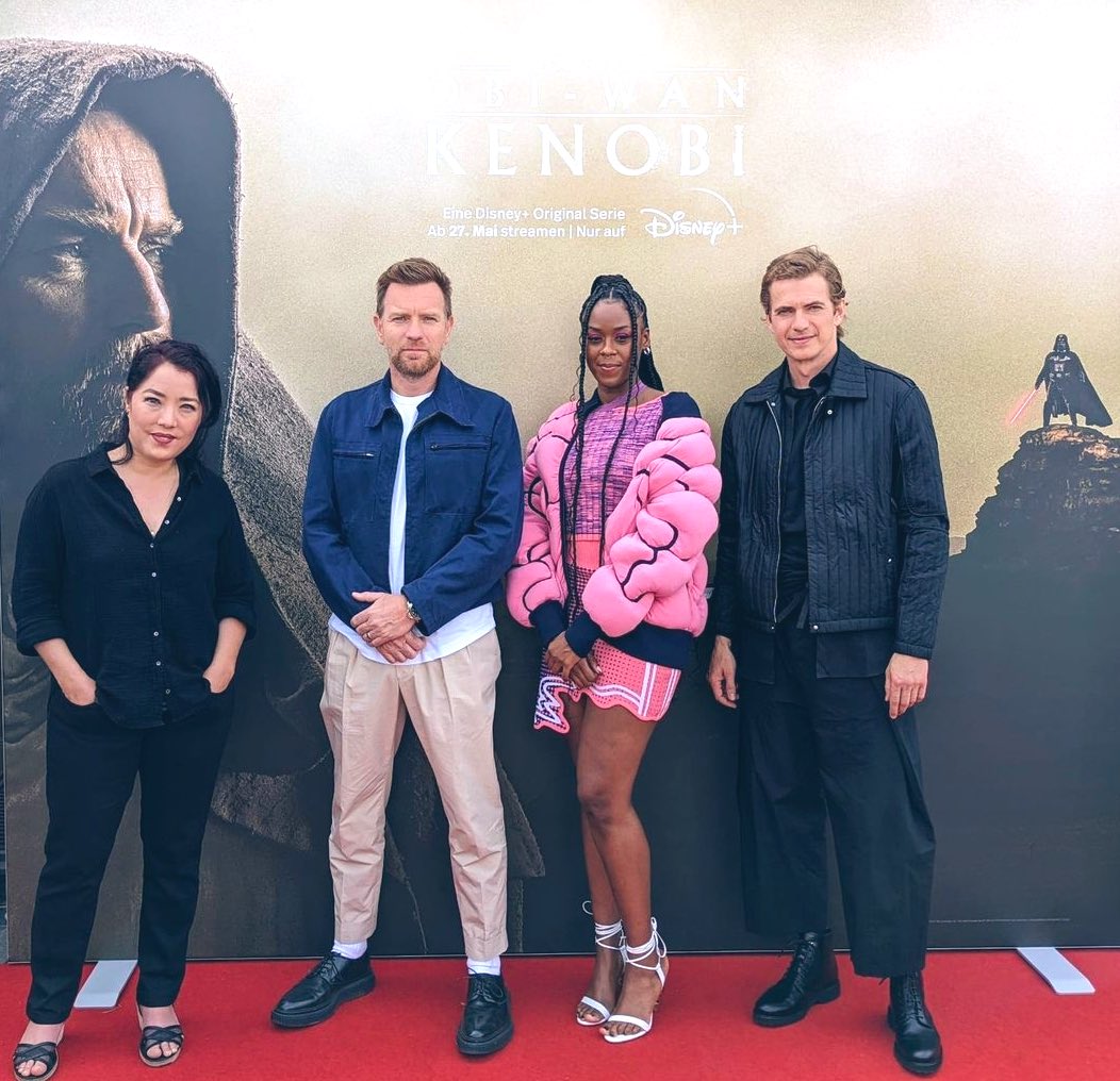 sw_holocron's tweet photo. Ewan McGregor, Hayden Christensen, Moses Ingram, and Deborah Chow promoting #ObiWanKenobi! https://t.co/s6YJXfswec