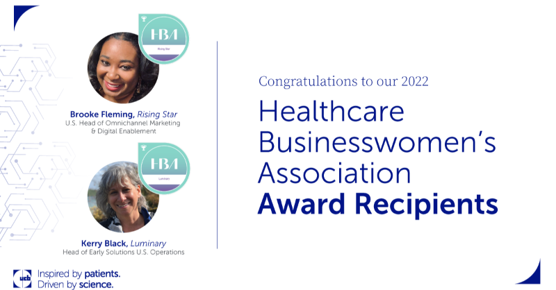 UCBUSA's tweet photo. Annually, @HBAnet honors women in the health care industry who are transformational leaders and exemplary role models. We're pleased to celebrate our 2022 HBA Luminary, Kerry Black and Rising Star, Brooke Fleming at today's #HBAWOTY22 event. Congratulations! #HBAImpact