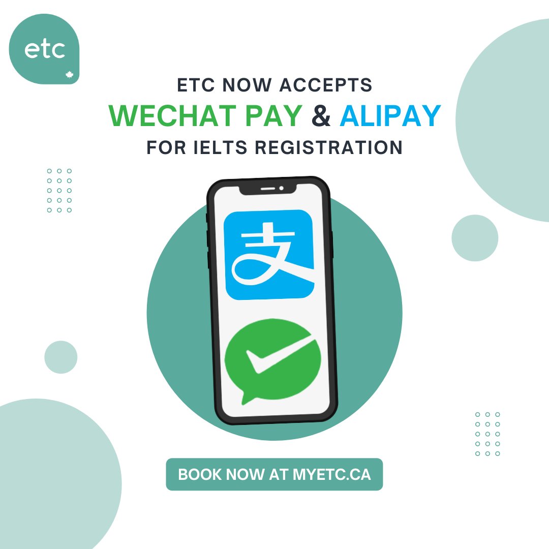 englishtesting's tweet photo. Great news! ETC now accepts WeChat Pay and Alipay as payment options for IELTS tests! Book now at https://t.co/sEjPV1aDty to reserve your spot.
#wechatpay #alipay #ielts #englishtesting https://t.co/BFgA56Z5HO