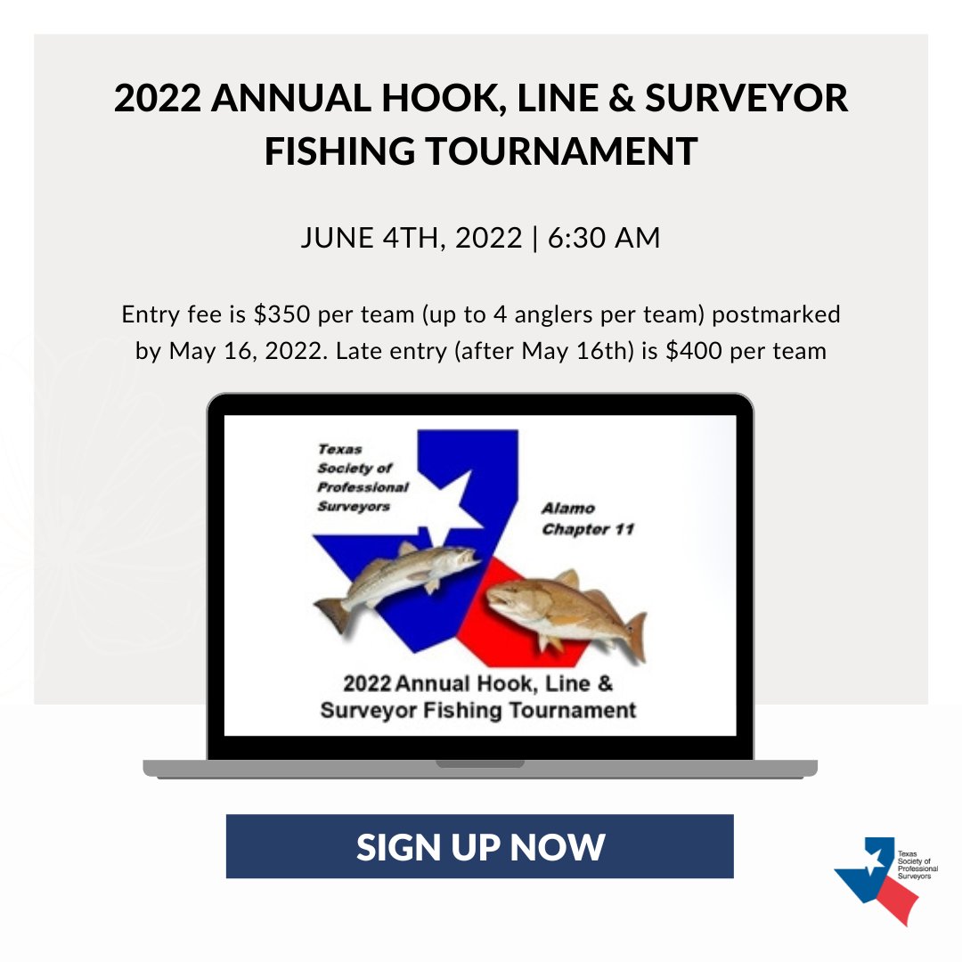 Early pricing ends soon for the Annual Hook, Line &amp; Surveyor Fishing Tournament!🎣

🐟 Entry fee is $350 per team (up to 4 anglers per team) postmarked by May 16, 2022. Late entry (after May 16th) is $400 per team

Register today at tsps.org/events/EventDe…

#tsps #survey