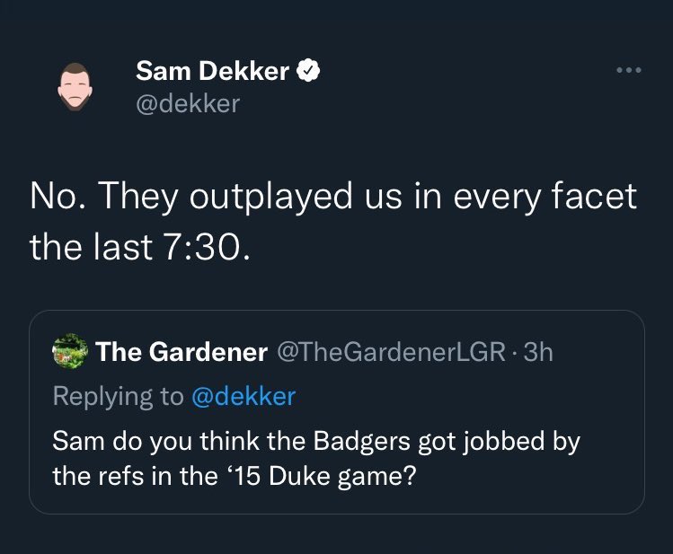 BlueDevils's tweet photo. Wisconsin fans: “The 2015 National Championship game was rigged for Duke” 

“The refs gave Duke the win”

Sam Dekker: https://t.co/8mrY8QQ1MA