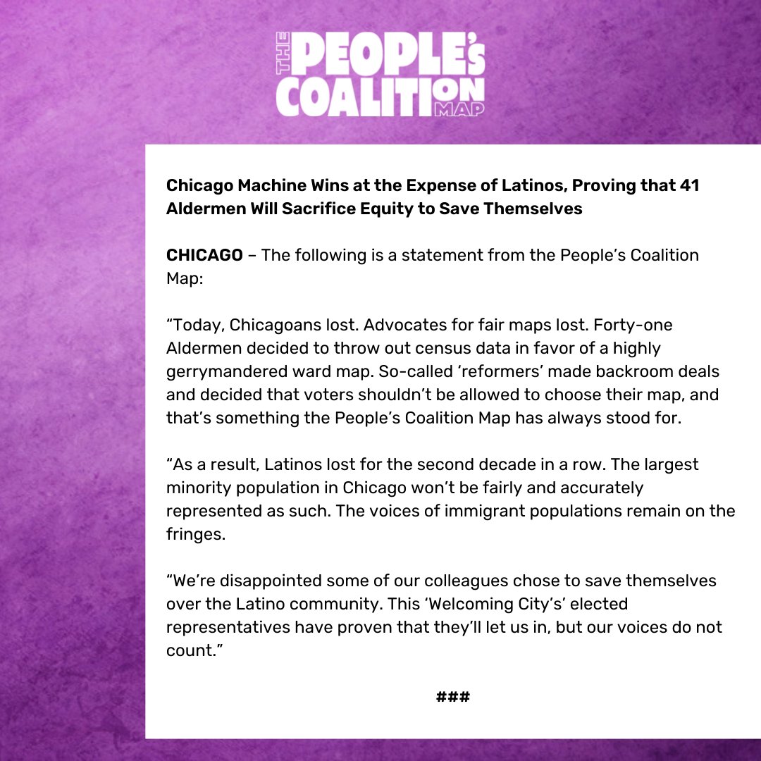 ChicagoMap2022's tweet photo. Today, Chicagoans lost. Advocates for fair maps lost. Forty-one Aldermen decided to throw out #censusdata in favor of a highly gerrymandered ward map. https://t.co/biCdWkfHi0