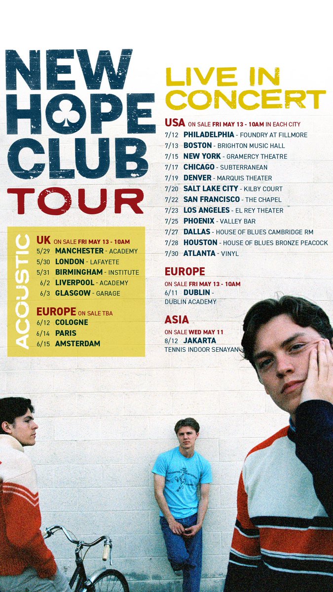 NewHopeClub's tweet photo. We are back! It’s been too long but we are so excited to finally be back around the world playing shows. Here are the first set of dates! We can’t wait to see you all so soon! New tour, new music! Life’s Getting Better 💛 B,R &amp; G x https://t.co/mX2bcK0nKE