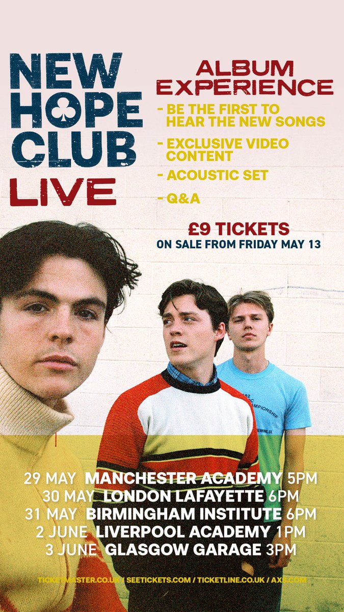 NewHopeClub's tweet photo. We are back! It’s been too long but we are so excited to finally be back around the world playing shows. Here are the first set of dates! We can’t wait to see you all so soon! New tour, new music! Life’s Getting Better 💛 B,R &amp; G x https://t.co/mX2bcK0nKE