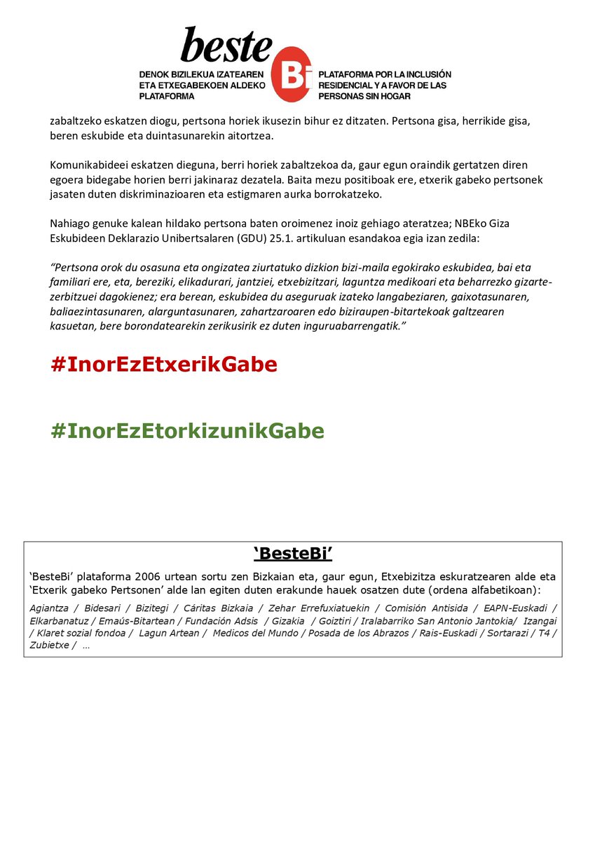BesteBi_PSHbiz's tweet photo. Gaur irakurritako agiria, comunicado leído hoy. #InorEzEtxerikGabe #NadieSinHogar  #InorEzEtorkizunikGabe #NadieSinFuturo #besteBi https://t.co/mPs7sE5QUw